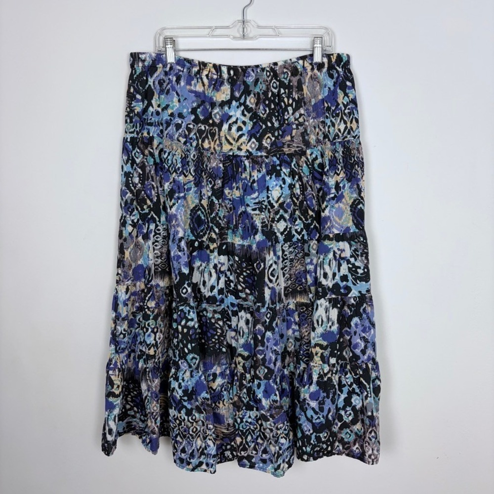 Notations Tiered Maxi Skirt Blue Abstract Ikat Cotton Flare Full Flowy Large